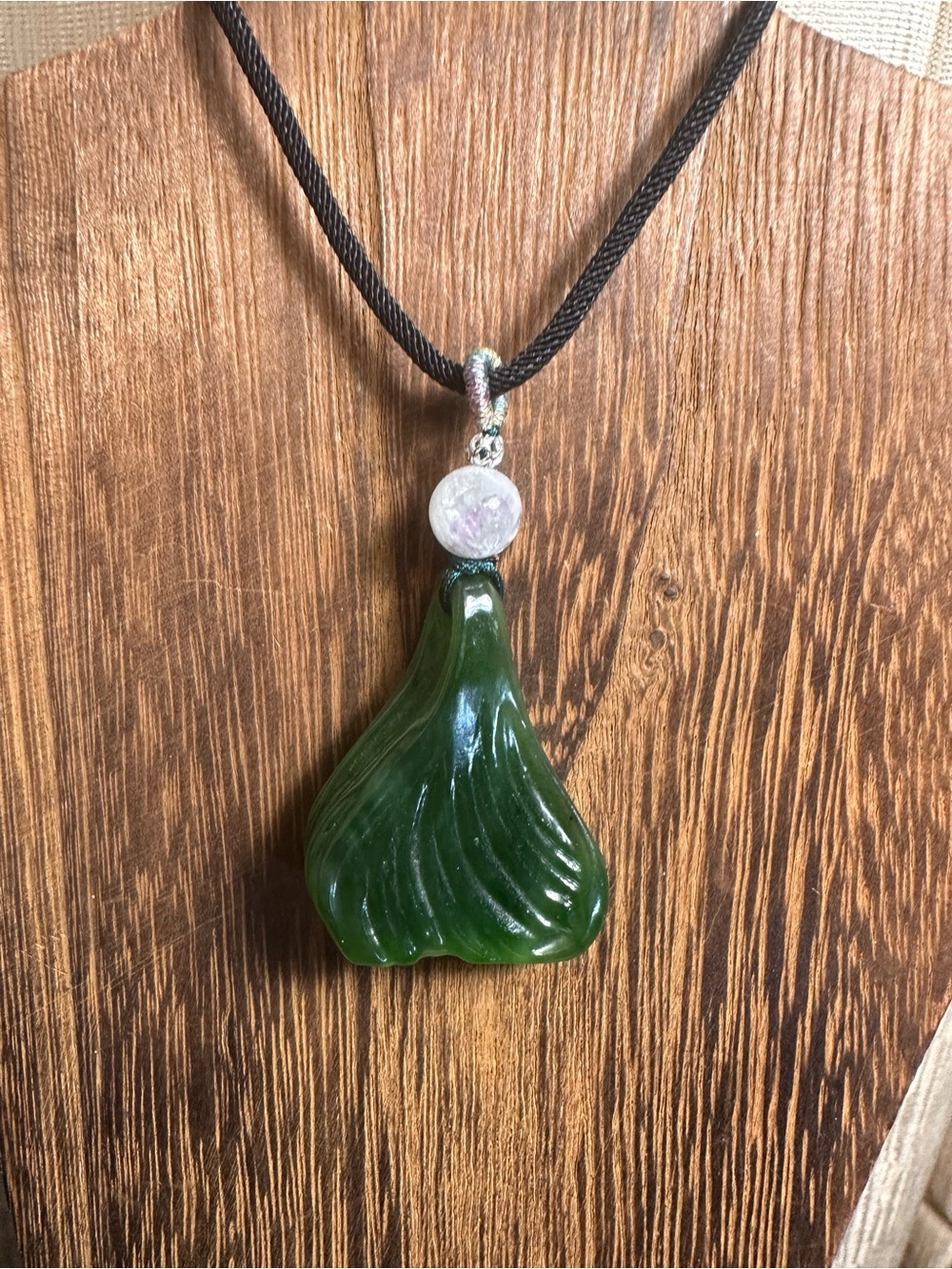 Green Jade Mermaid Tail Pendant Necklace on Brown Rope